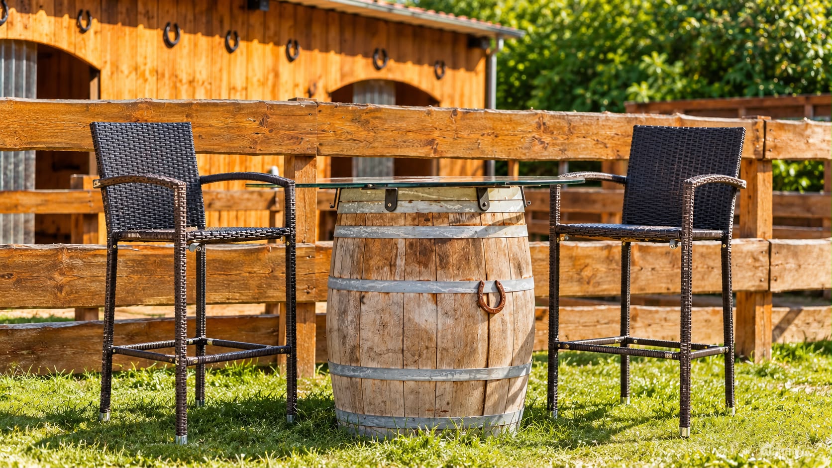 Sitzplatz mit Fass-Tisch vor den Boxen für Besucher